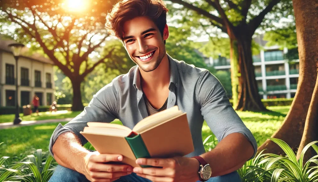 DALL·E 2025 01 19 16.55.29 Create an image of a handsome young man sitting outdoors in a park reading a book with a joyful expression. The scene should have warm sunlight gree 1
