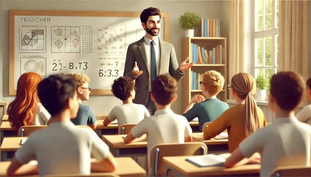 DALL·E 2025 02 02 18.05.38 A realistic high quality image of a teacher in a classroom explaining something to students. The teacher is gesturing while speaking and the students 1