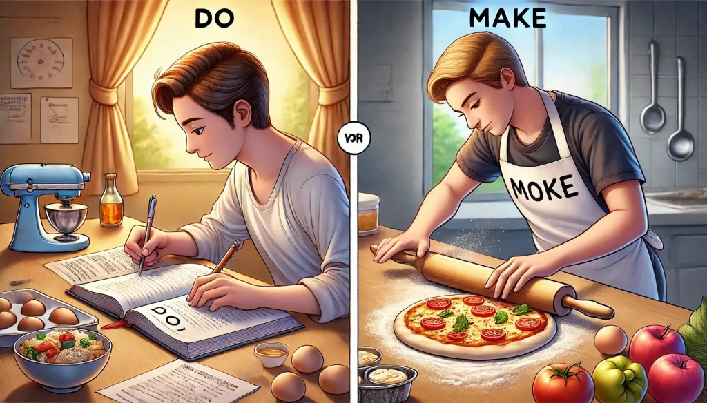 DALL·E 2025 02 02 21.16.55 A realistic image illustrating the difference between Do and Make through two contrasting actions. On the left a person is doing homework writin 1