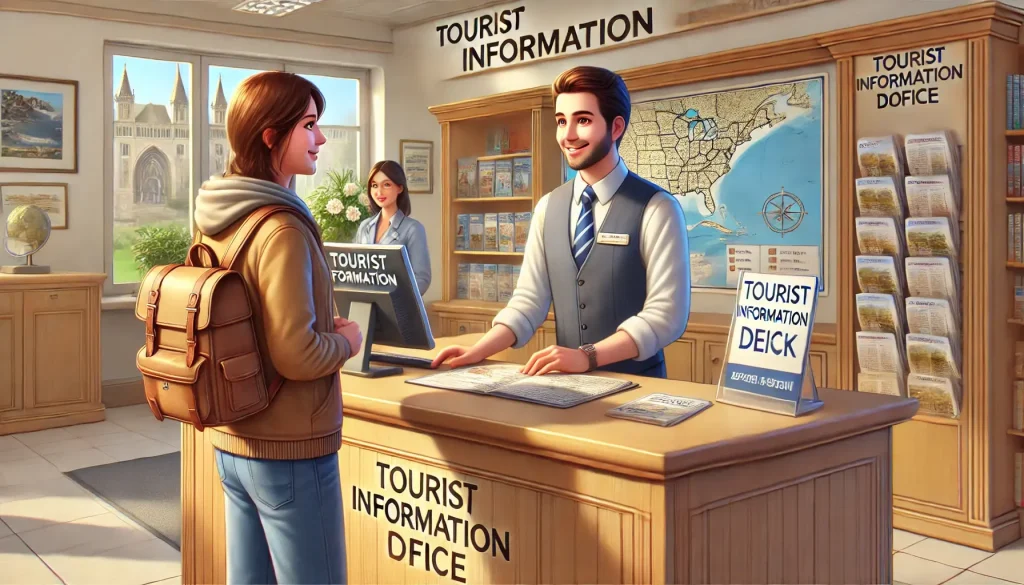DALL·E 2025 02 25 00.43.25 A realistic image of a traveler asking for directions at a tourist information desk. The traveler is speaking with a helpful staff member behind the d 1