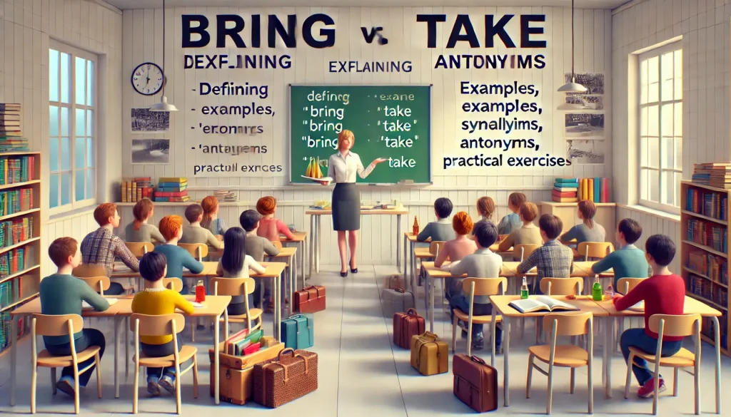 DALL·E 2025 02 25 15.59.08 A high resolution realistic image that illustrates the concept of the difference between Bring and Take in English. The image should visually rep 1