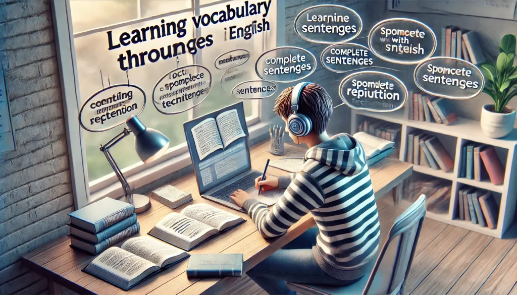 DALL·E 2025 02 25 22.59.56 A high resolution realistic image illustrating the concept of learning vocabulary through sentences in English. The scene should show a student study 1