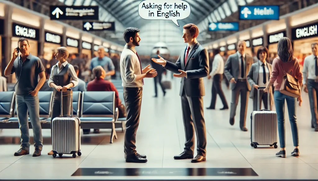 DALL·E 2025 02 27 10.06.41 A high resolution realistic image illustrating a situation where someone is asking for help in English in a different setting. The scene should depic 1