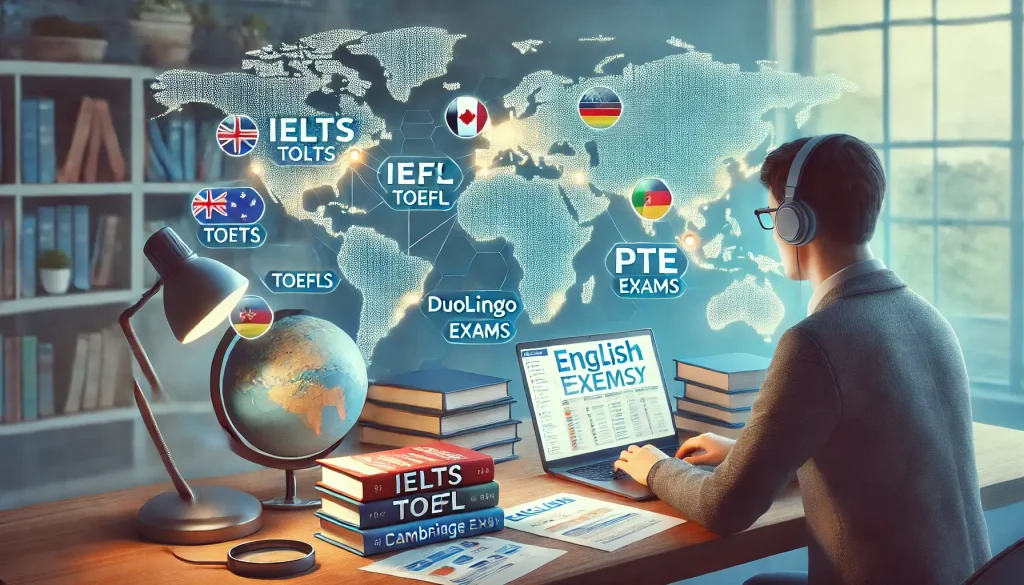 DALL·E 2025 03 01 01.47.18 A high resolution realistic image illustrating the selection of the right English proficiency test for different countries. The scene should depict a 1