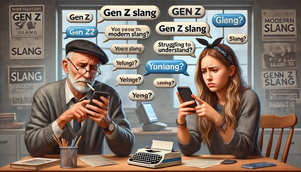 DALL·E 2025 03 02 00.37.25 A high resolution realistic image illustrating the criticism of Gen Z slang and its impact on communication. The scene should depict a conversation b 1