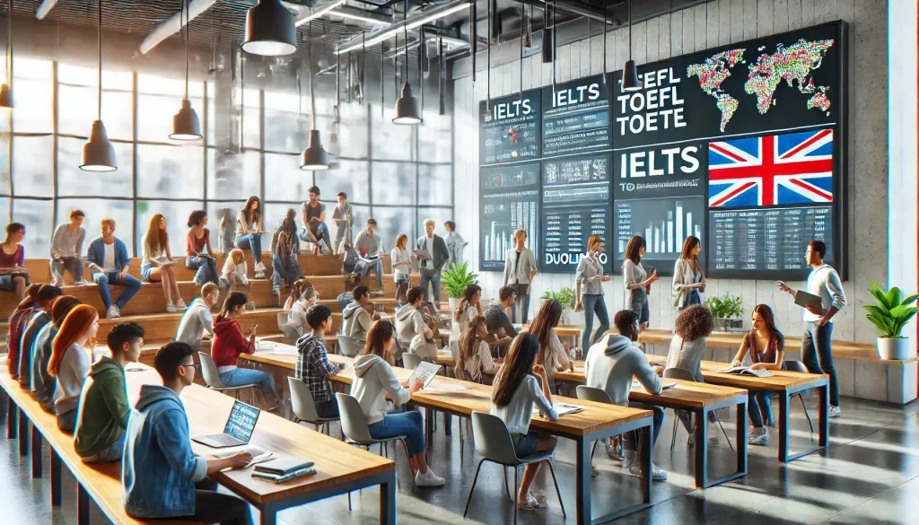 DALL·E 2025 03 04 12.11.33 A detailed and high quality image showing a modern classroom setting with students from various ethnic backgrounds engaging in preparation for differe 1