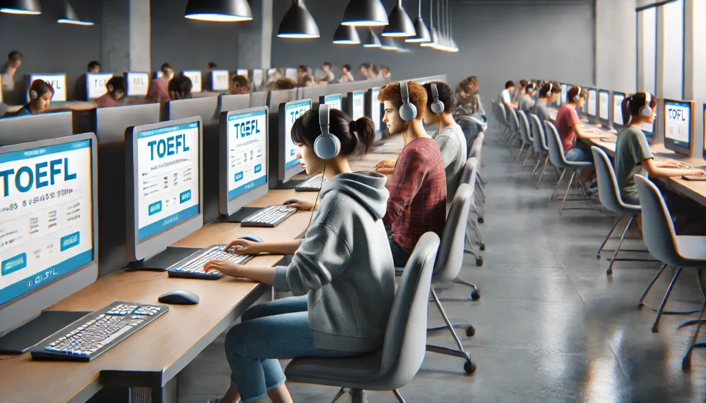 DALL·E 2025 03 04 12.27.19 A realistic and high quality image depicting a diverse group of students in a modern computer lab setting all taking the TOEFL exam. The students are 1