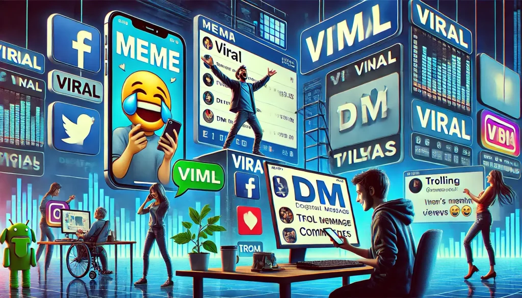 DALL·E 2025 03 04 23.00.10 A creative and high quality image depicting various digital slang concepts in a modern digital environment. The scene includes four distinct sections 1