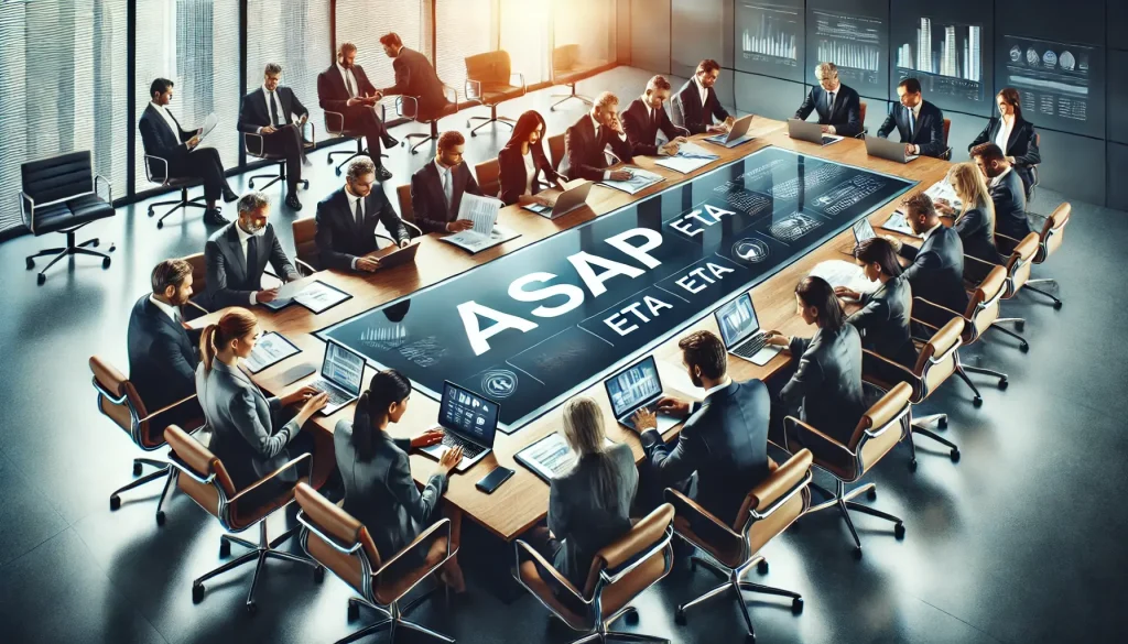 DALL·E 2025 03 05 12.00.40 A professional office setting featuring a diverse group of business people engaged in a formal meeting. They are seated around a sleek modern confere 1