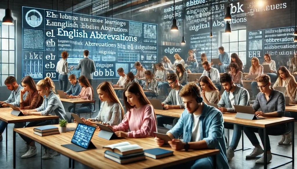 DALL·E 2025 03 05 12.02.16 An image of a diverse group of students in a modern digital classroom setting focused on learning English abbreviations. The students are engaged wi 1