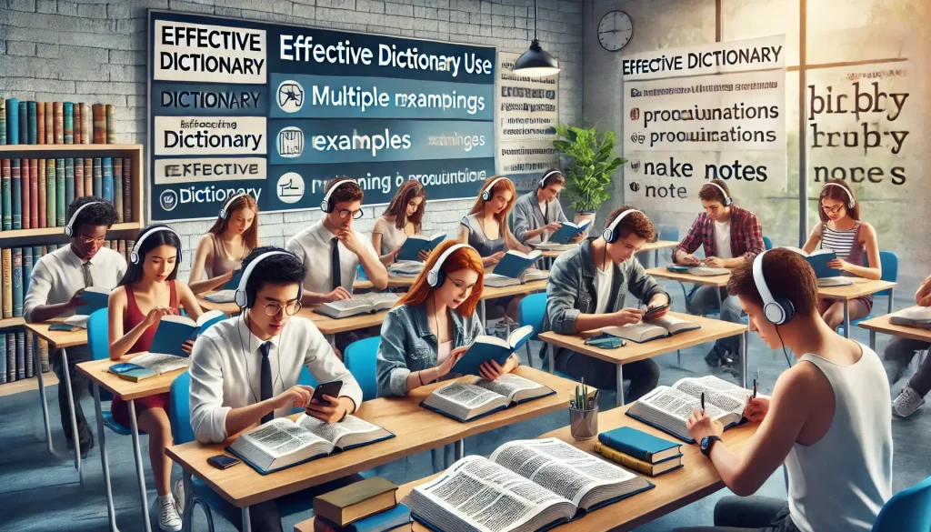 DALL·E 2025 03 07 08.47.52 A detailed scene in a modern classroom setting where students of diverse backgrounds are effectively using dictionaries to enhance their language lear 1
