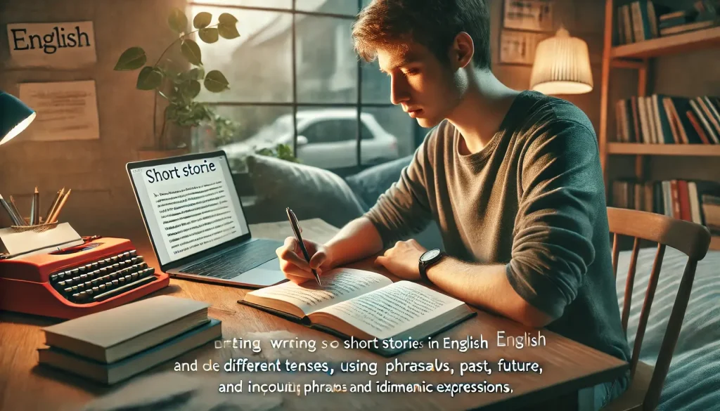 DALL·E 2025 03 10 01.34.34 A person practicing writing short stories in English to improve their writing skills. The setting shows the person sitting at a desk writing a 50 100 1