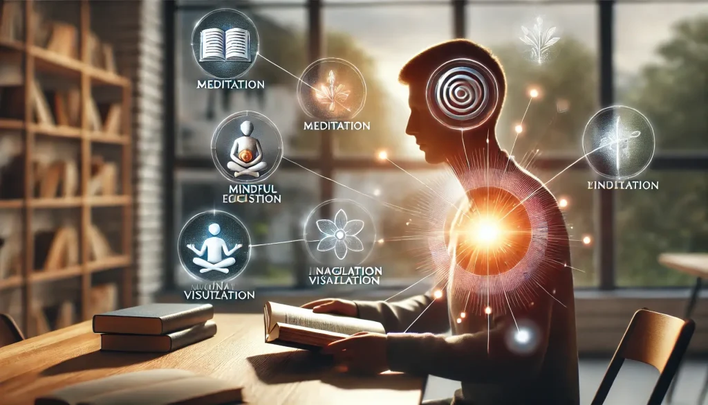 DALL·E 2025 03 11 23.22.22 A realistic and clear depiction of a person practicing mental exercises to improve focus while studying English. The person is sitting at a desk with 1