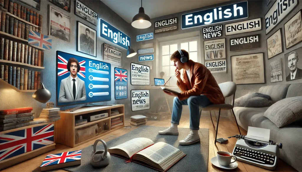 DALL·E 2025 03 16 08.21.54 A visually engaging and creatively designed image depicting a person immersing themselves in an English dominant environment for language learning. Th 1