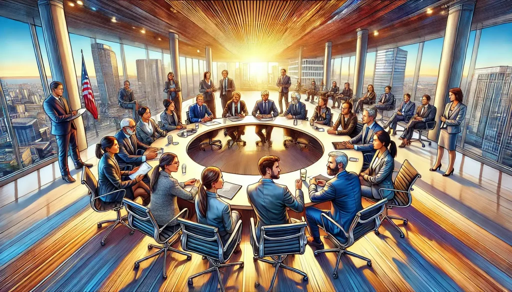 DALL·E 2025 03 17 01.17.30 A vivid and artistically rich depiction of an international office meeting where team members from different cultural backgrounds are discussing the n 1