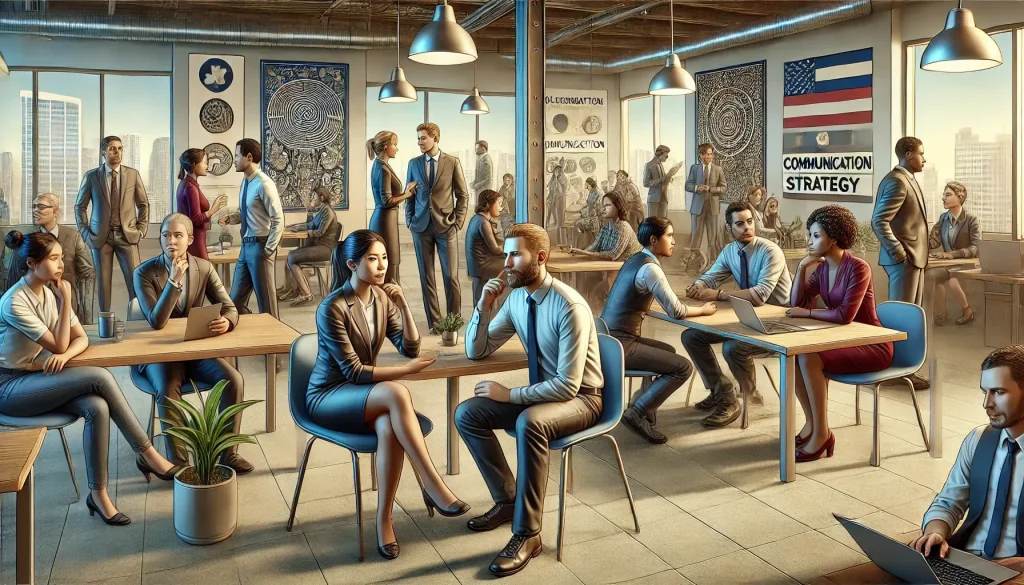 DALL·E 2025 03 25 11.16.07 A detailed and expressive depiction of a culturally diverse workplace with human like characters exhibiting a variety of communication styles. The ima 1