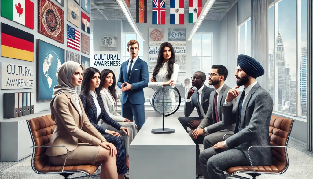 DALL·E 2025 03 25 11.27.40 A sophisticated and flawless portrayal of a culturally diverse workplace emphasizing the importance of cultural knowledge and respect in communicatio 1